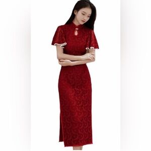 Elegant Red Lace Cheongsam Dress